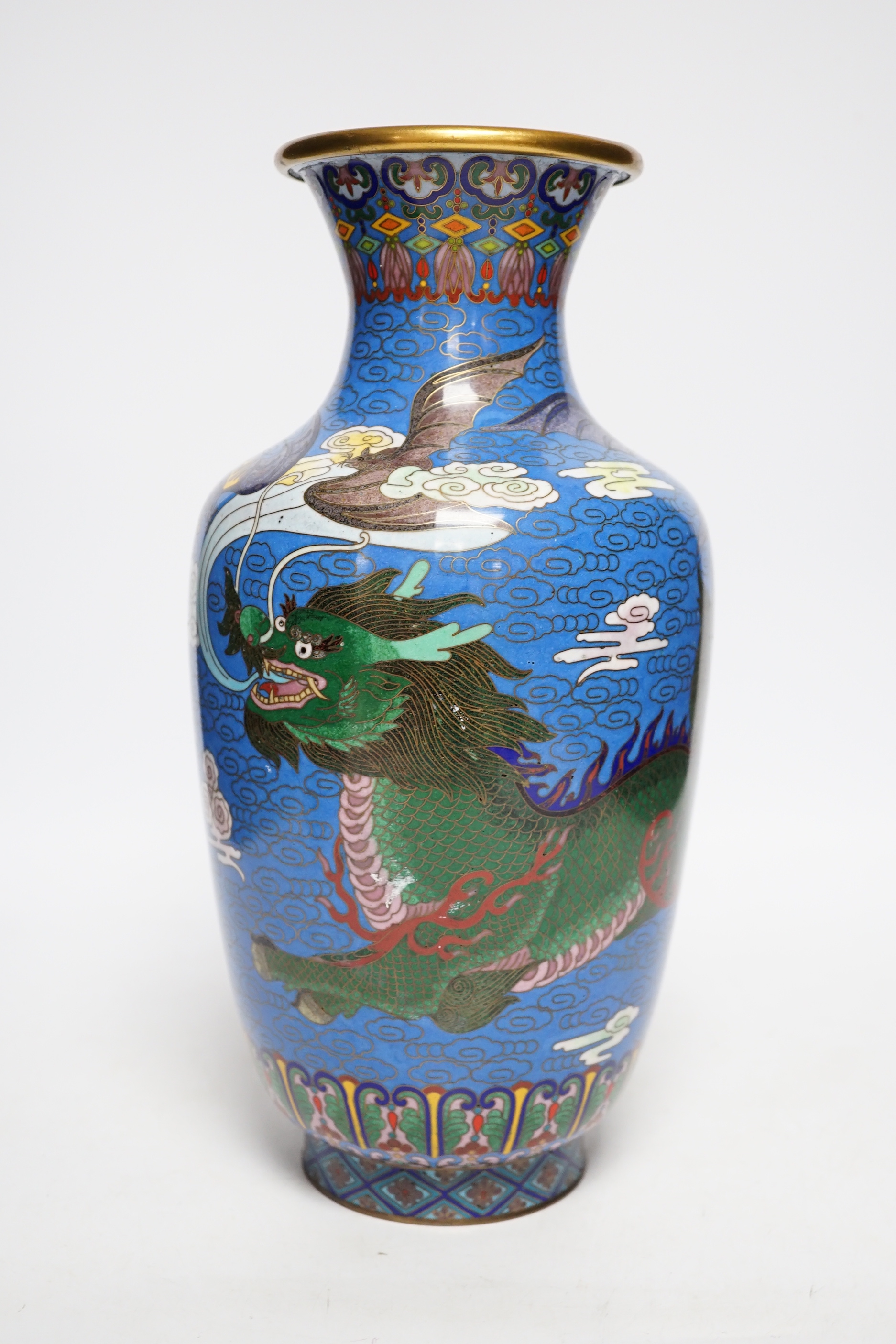 A Chinese cloisonné ‘qilin and bats’ enamel vase, 31cm